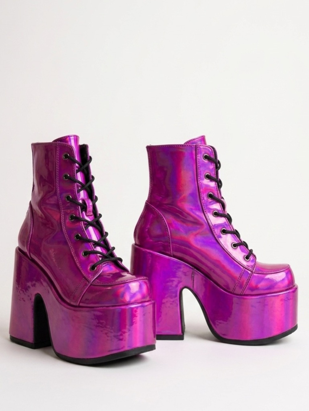 Demonia Camel 203 Purple Hologram Chunky Platform Goth Festival Ankle Boots 8